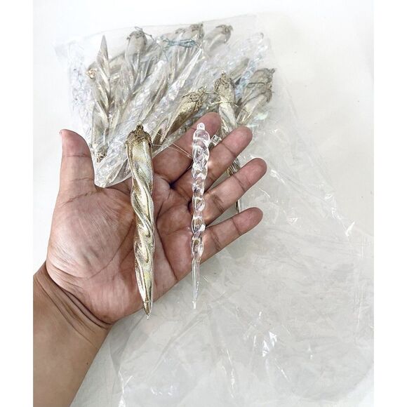 Vintage Christmas Ornaments Clear Hand Blown Glass Twisted Icicle & Gold